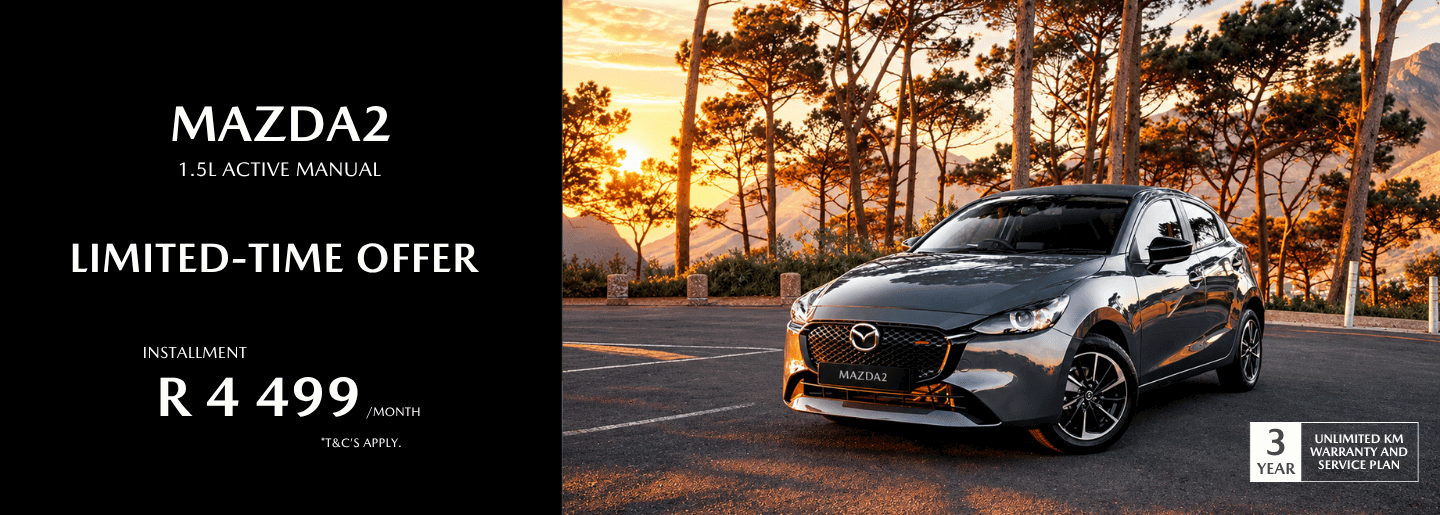 Drive away in a new Mazda2 from only R4 499 pm* banner