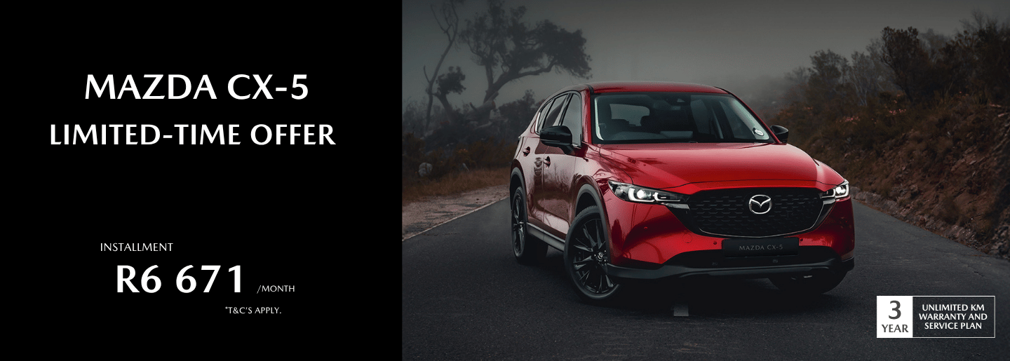 Drive away in a new Mazda CX-5 from only R6 671 pm* banner