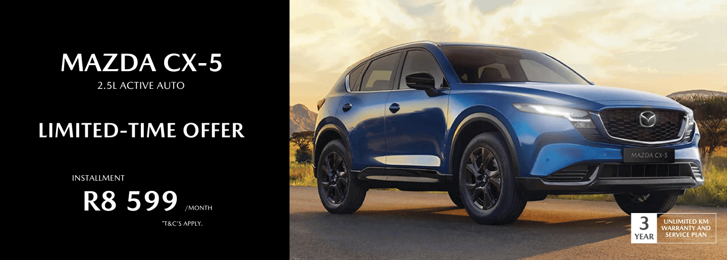 Drive away in a new Mazda CX-5 from only R8 599 pm* banner