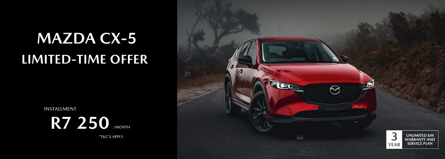 Drive away in a new Mazda CX-5 from only R7 250 pm* banner