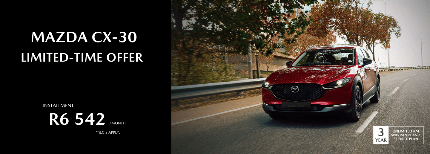 Drive away in a new Mazda CX-30 from only R6 542 pm* banner