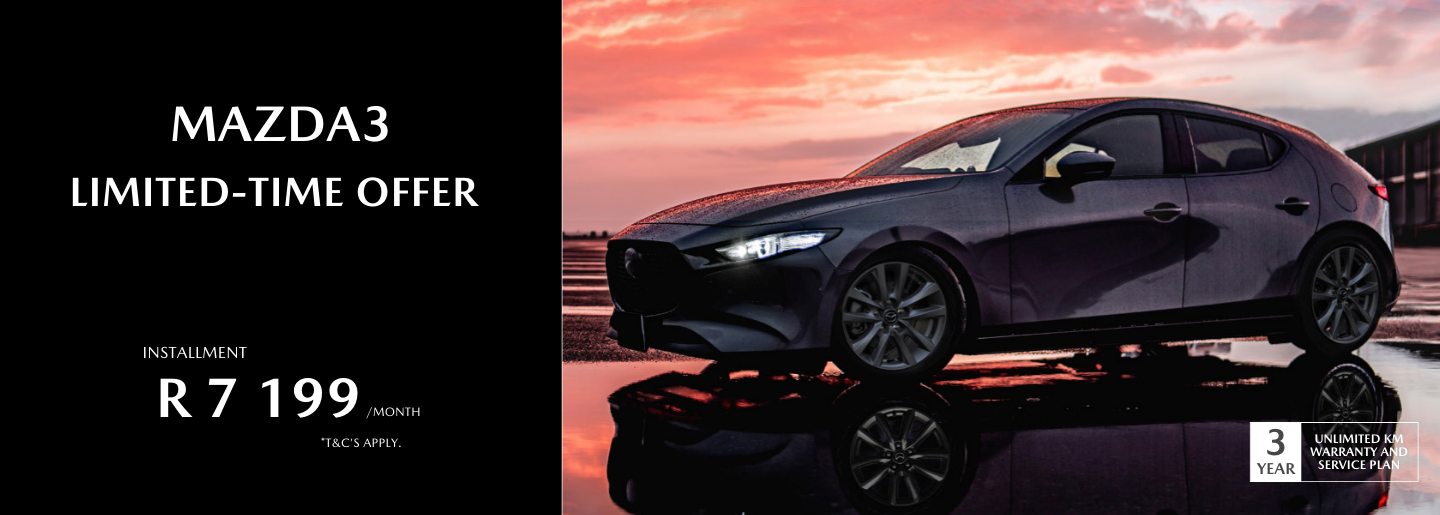 Drive away in a new Mazda3 from only R7 199* banner
