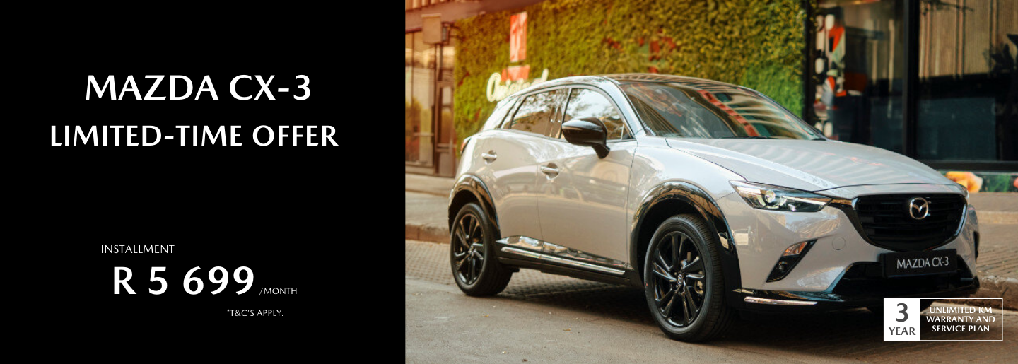 Drive away in a new Mazda CX-3 from only R5 699 pm* banner
